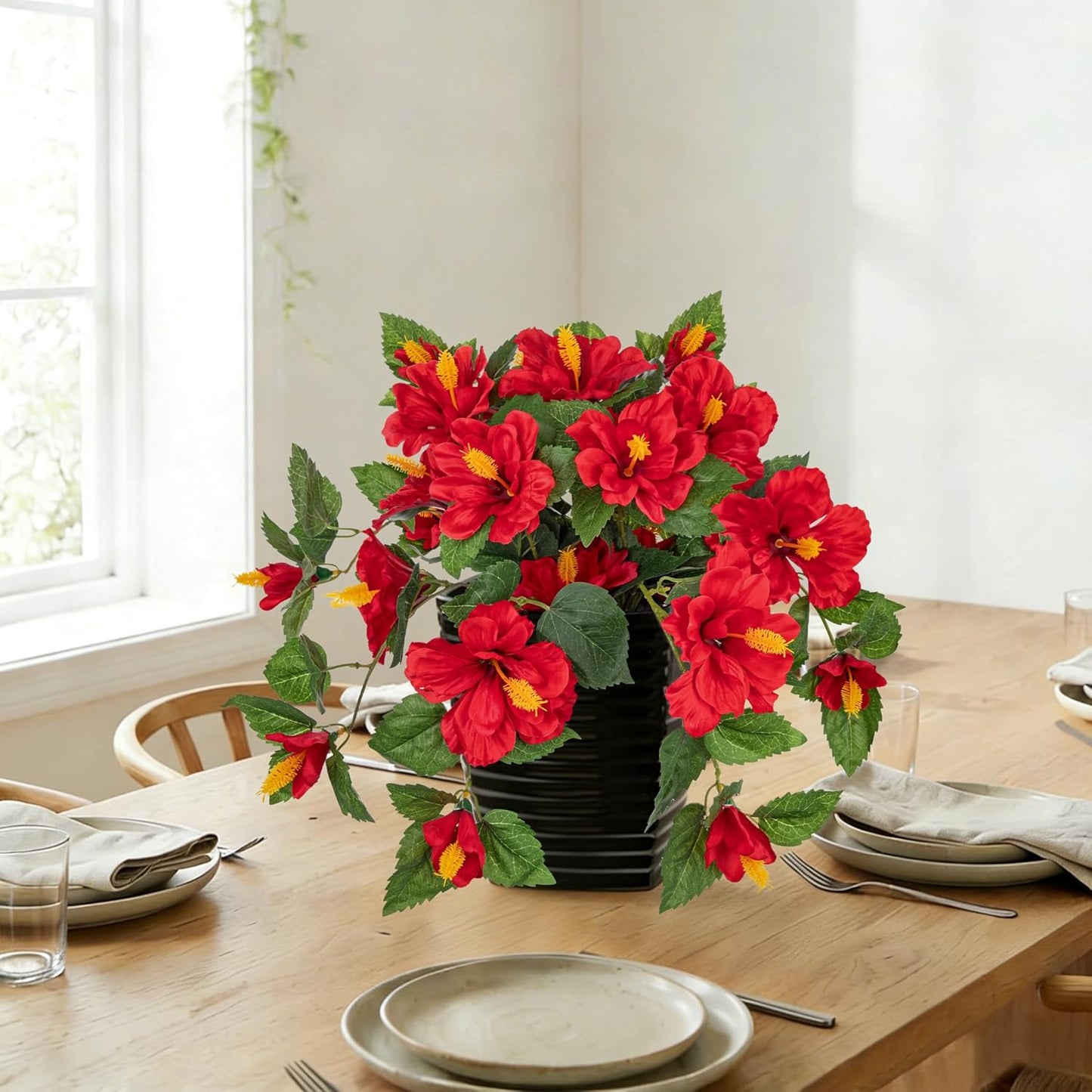 27.5" Artificial Hibiscus Plant with Black Planter Included, Large Faux Tropical Flower Arrangement UV Resistant, Fake Red Hibiscus Tree for Front Door Porch Patio Balcony Indoor Outdoor Decor