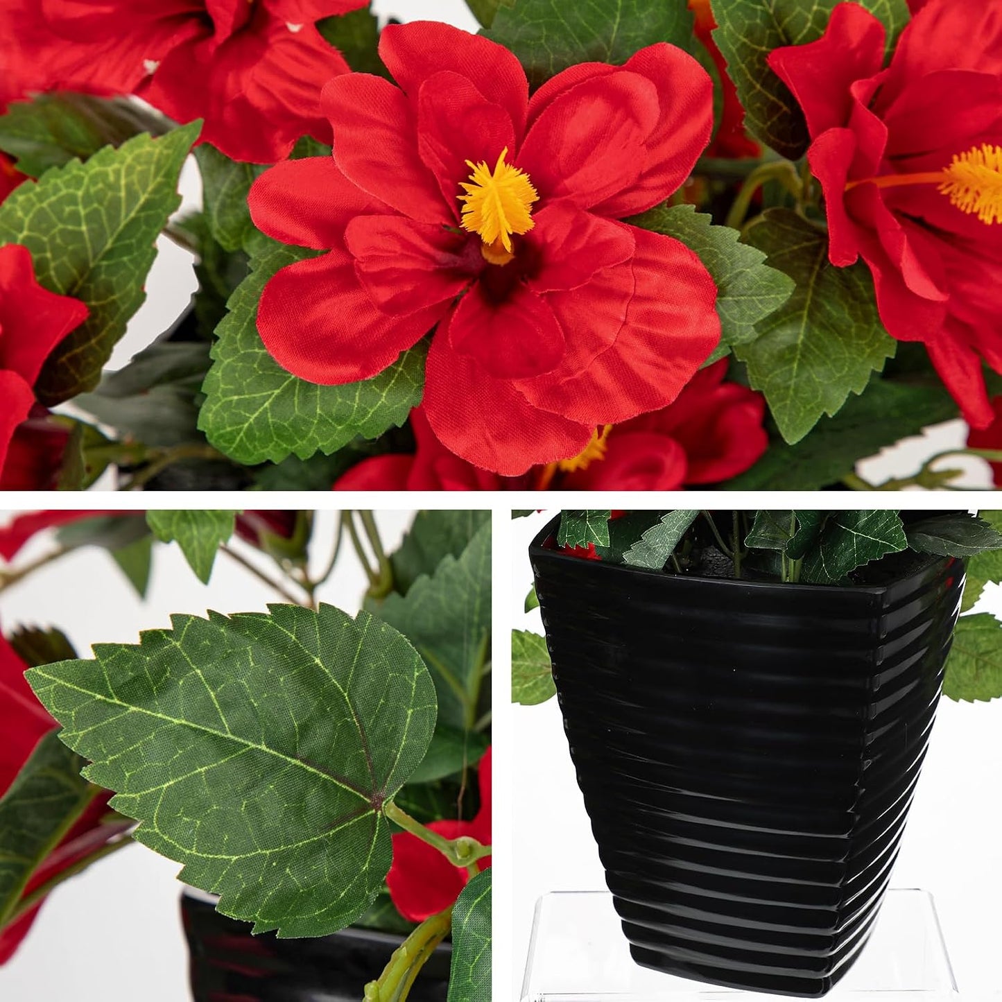 27.5" Artificial Hibiscus Plant with Black Planter Included, Large Faux Tropical Flower Arrangement UV Resistant, Fake Red Hibiscus Tree for Front Door Porch Patio Balcony Indoor Outdoor Decor