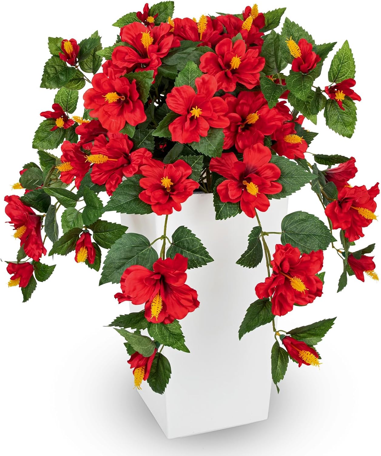 27.5" Artificial Hibiscus Plant with Black Planter Included, Large Faux Tropical Flower Arrangement UV Resistant, Fake Red Hibiscus Tree for Front Door Porch Patio Balcony Indoor Outdoor Decor