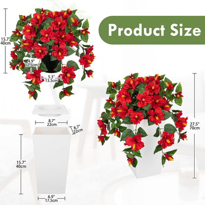 27.5" Artificial Hibiscus Plant with Black Planter Included, Large Faux Tropical Flower Arrangement UV Resistant, Fake Red Hibiscus Tree for Front Door Porch Patio Balcony Indoor Outdoor Decor