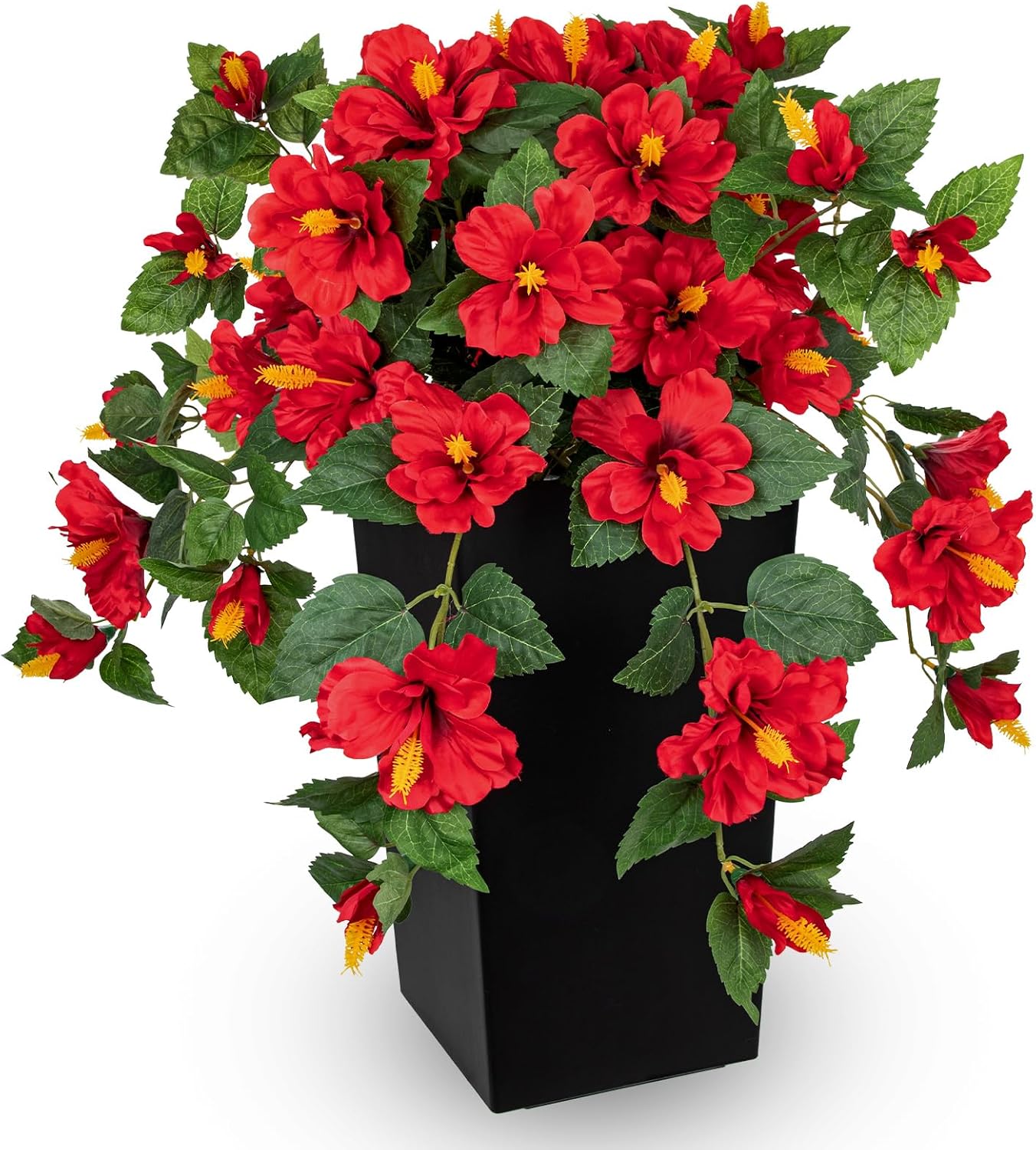 27.5" Artificial Hibiscus Plant with Black Planter Included, Large Faux Tropical Flower Arrangement UV Resistant, Fake Red Hibiscus Tree for Front Door Porch Patio Balcony Indoor Outdoor Decor