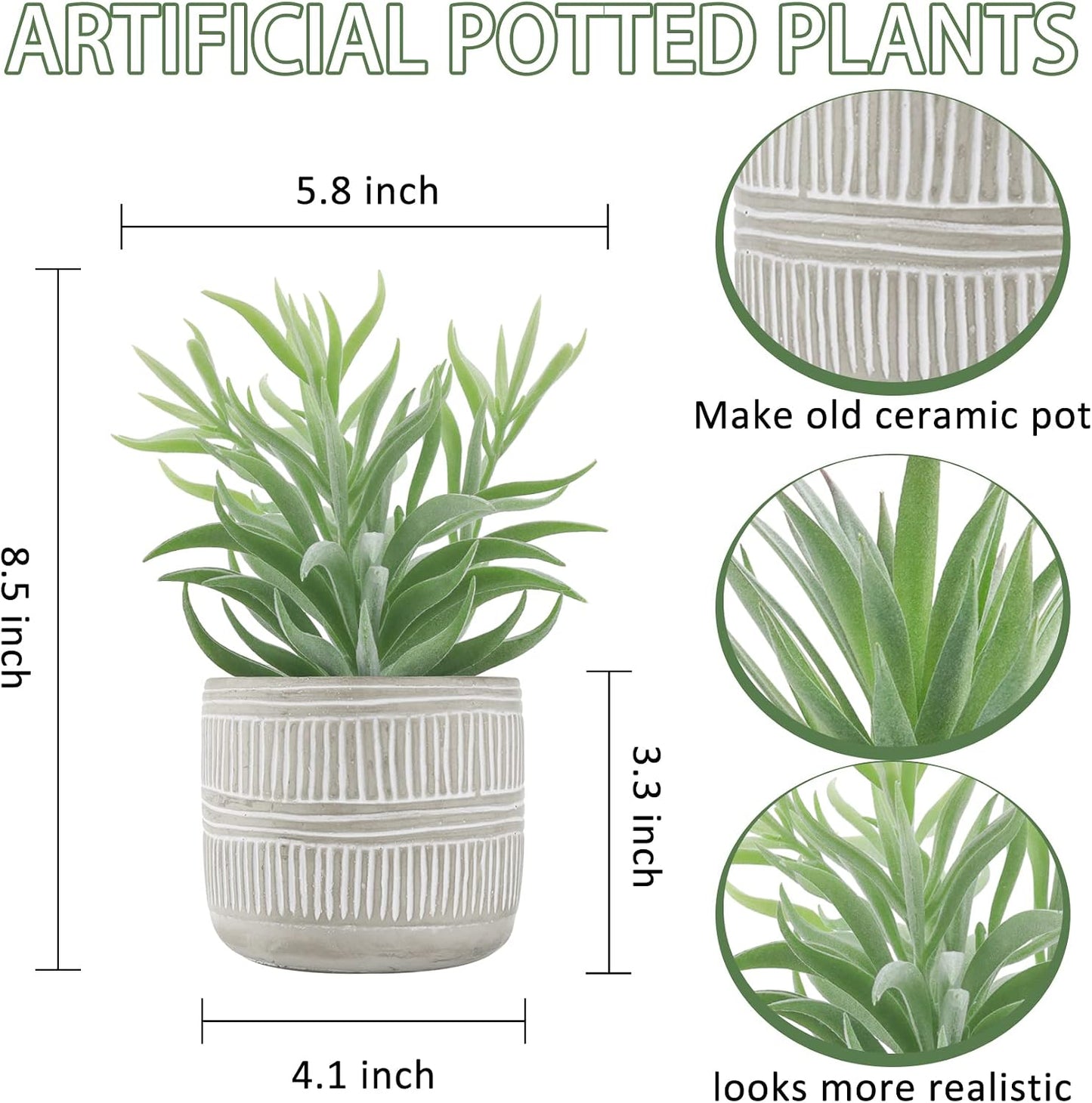 8.5" Fake Succulent Plant in Striped Ceramic Pot for Boho Decor | Small fake plants，sturdy cement planter, eco-friendly，suitable for bathroom bedroom office desk shelf boho decor