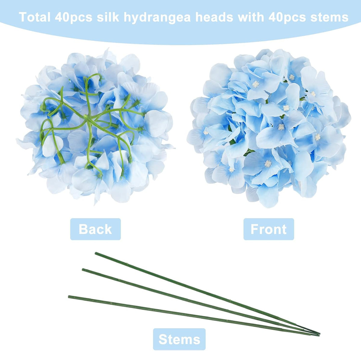 40pcs Artificial Hydrangea Silk Flower Heads with Stems, Fake Flowers for Wedding Centerpiece Home Garden Party Decoration (Blue)