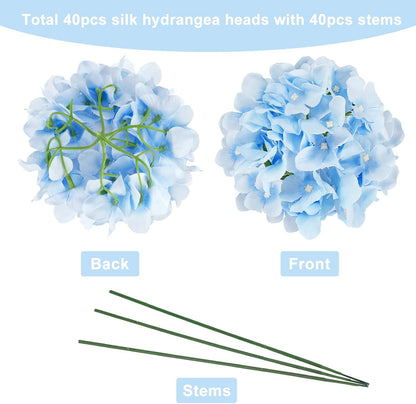 40pcs Artificial Hydrangea Silk Flower Heads with Stems, Fake Flowers for Wedding Centerpiece Home Garden Party Decoration (Blue)