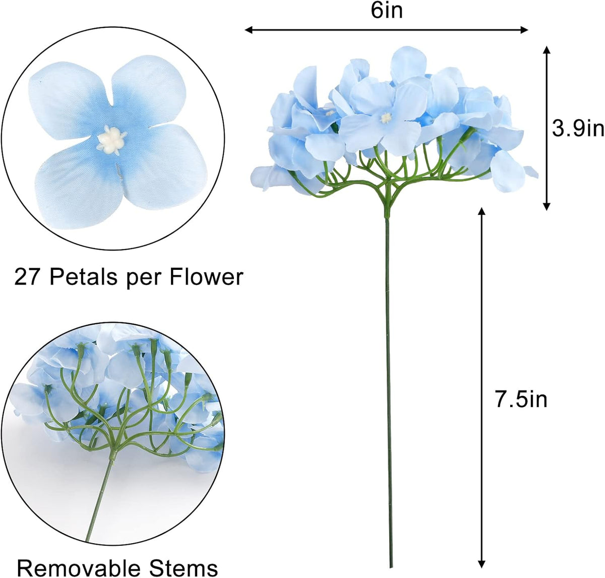 40pcs Artificial Hydrangea Silk Flower Heads with Stems, Fake Flowers for Wedding Centerpiece Home Garden Party Decoration (Blue)