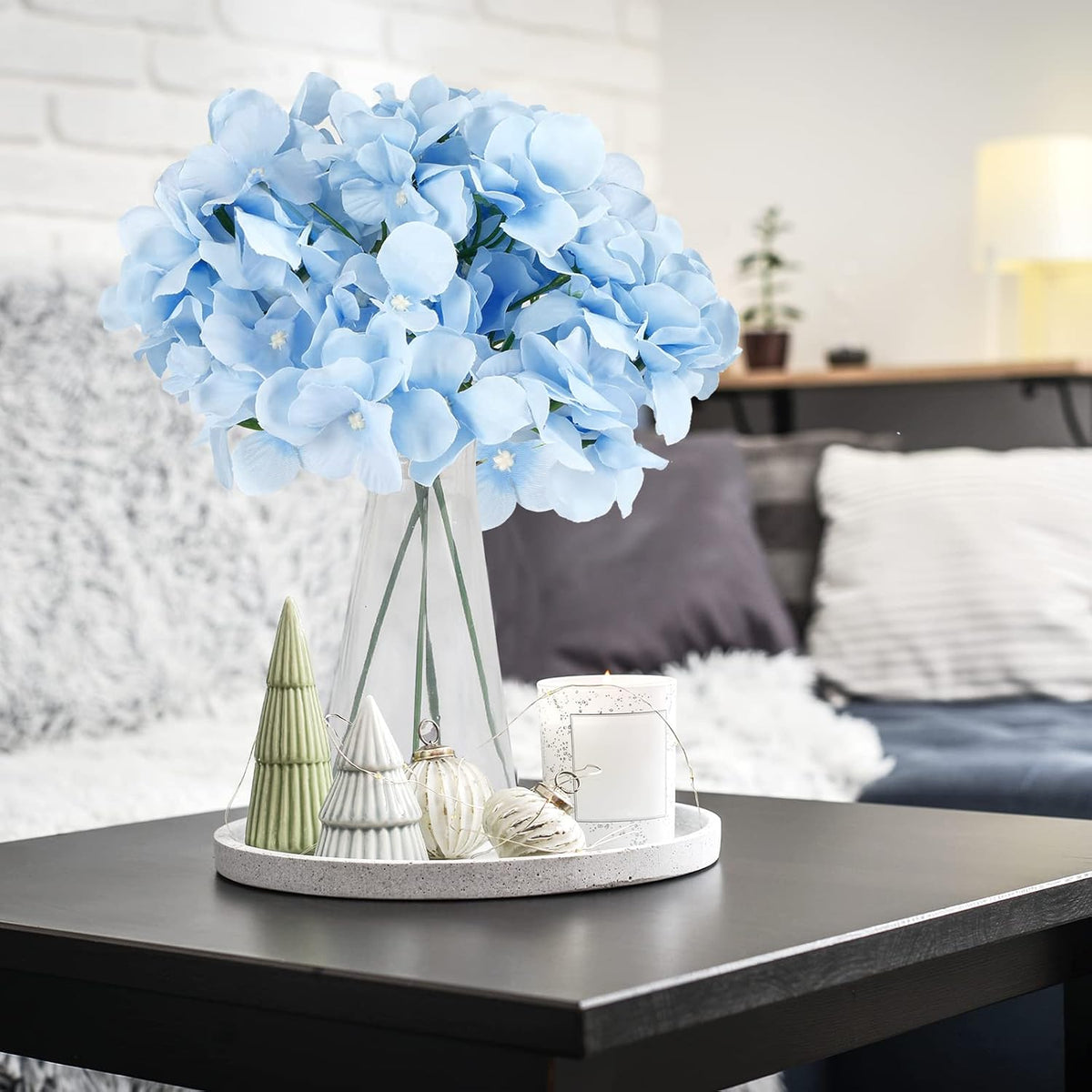 40pcs Artificial Hydrangea Silk Flower Heads with Stems, Fake Flowers for Wedding Centerpiece Home Garden Party Decoration (Blue)