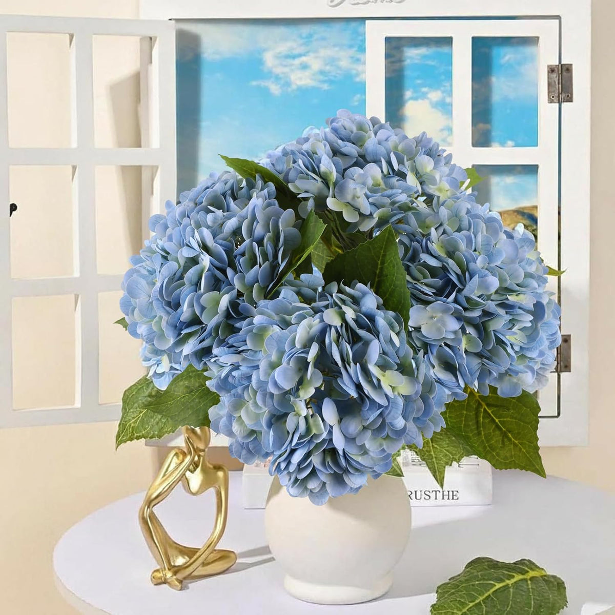 40pcs Artificial Hydrangea Silk Flower Heads with Stems, Fake Flowers for Wedding Centerpiece Home Garden Party Decoration (Blue)