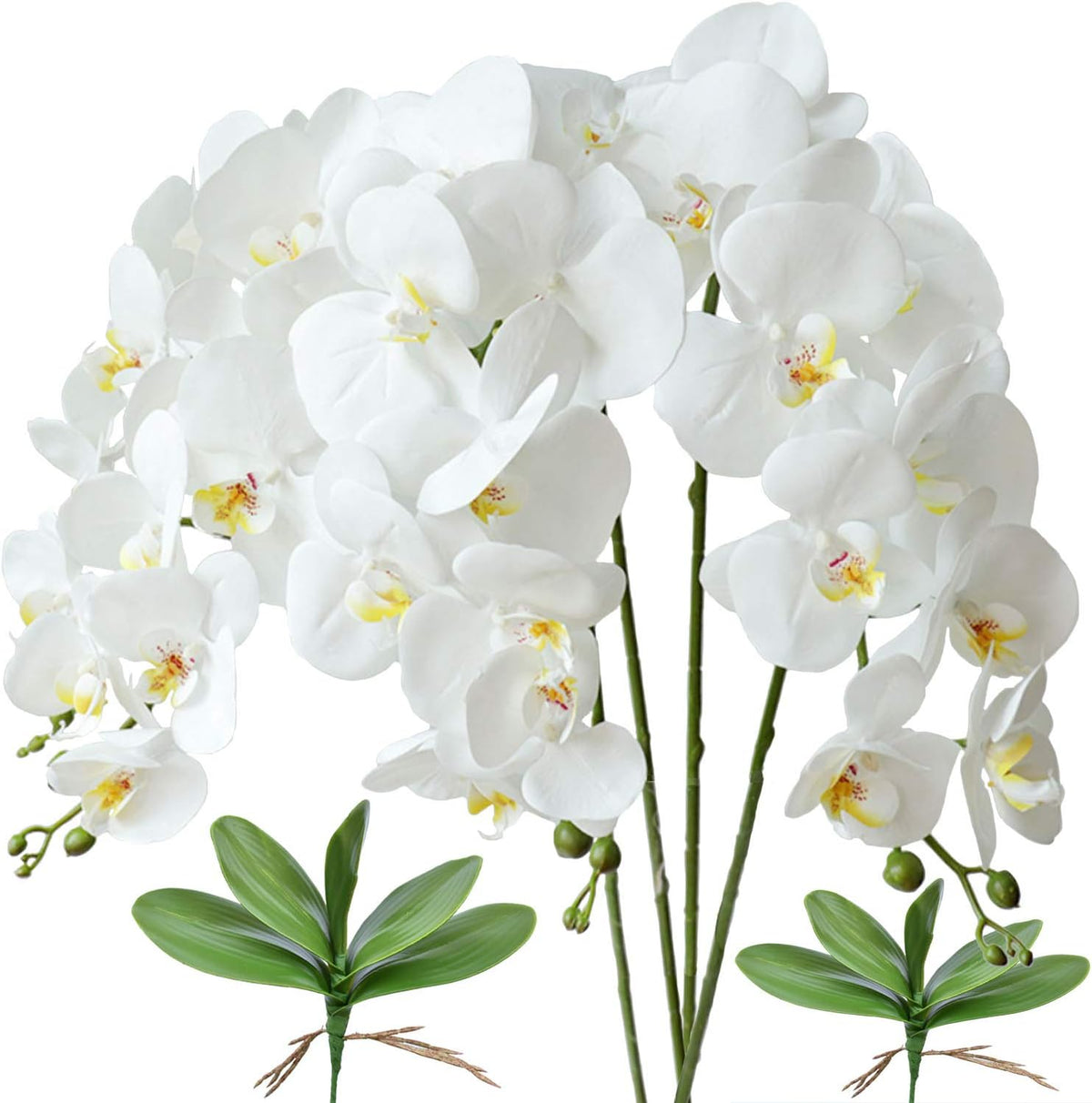 32 Inches Artificial Phalaenopsis Flowers 4 Pcs with 2 Bundles Leaves Artificial Orchid Flowers Stem Plants for Home Décor (White)