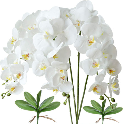 32 Inches Artificial Phalaenopsis Flowers 4 Pcs with 2 Bundles Leaves Artificial Orchid Flowers Stem Plants for Home Décor (White)