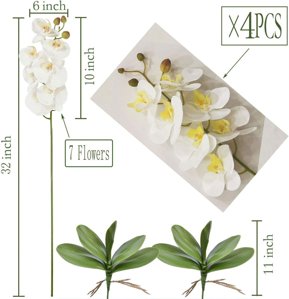 32 Inches Artificial Phalaenopsis Flowers 4 Pcs with 2 Bundles Leaves Artificial Orchid Flowers Stem Plants for Home Décor (White)