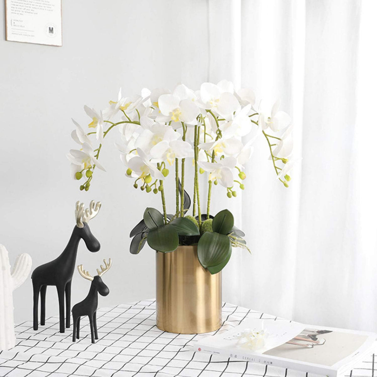 32 Inches Artificial Phalaenopsis Flowers 4 Pcs with 2 Bundles Leaves Artificial Orchid Flowers Stem Plants for Home Décor (White)