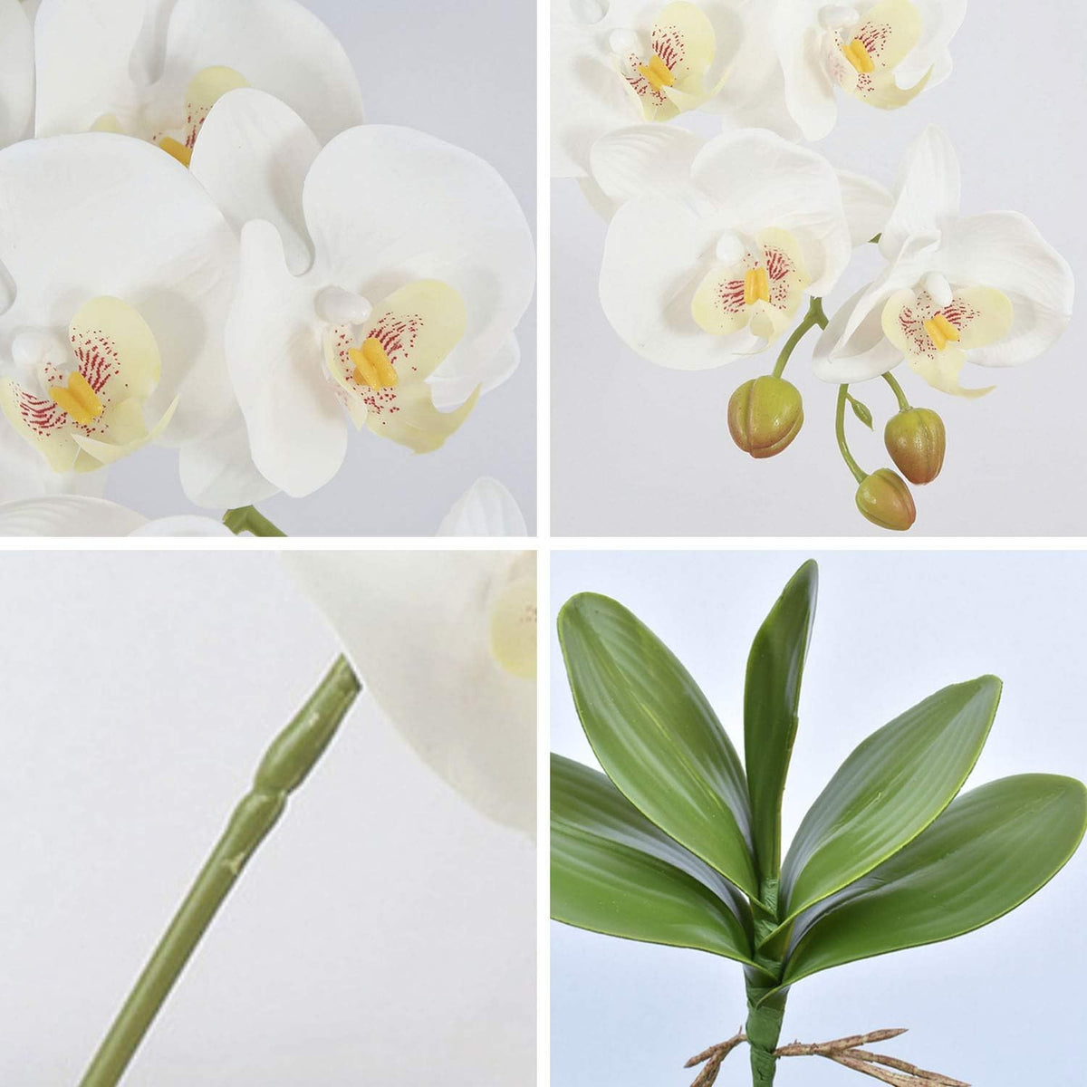 32 Inches Artificial Phalaenopsis Flowers 4 Pcs with 2 Bundles Leaves Artificial Orchid Flowers Stem Plants for Home Décor (White)