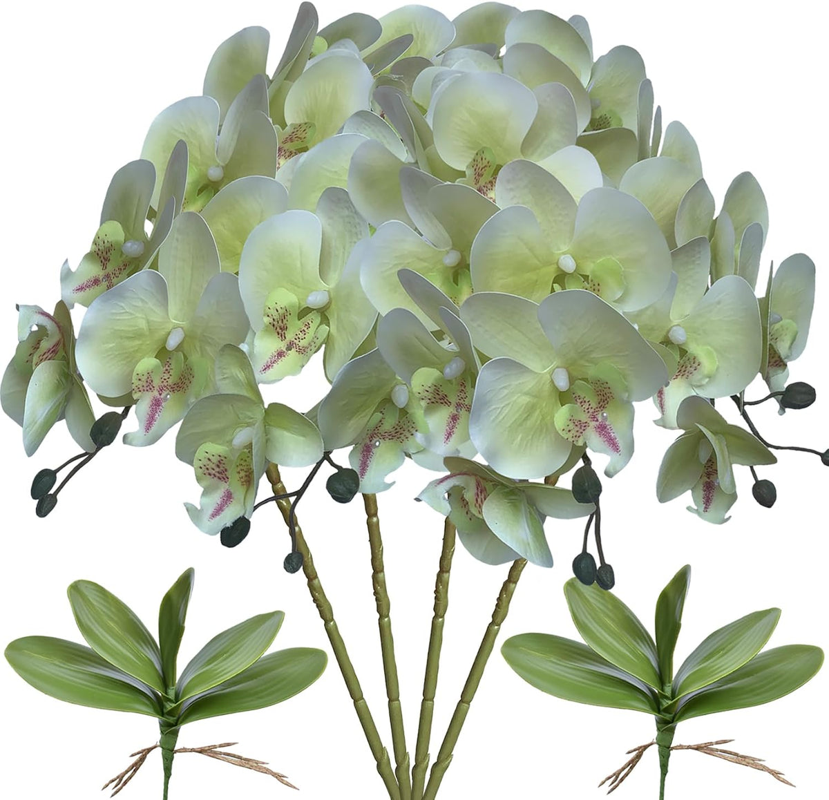 32 Inches Artificial Phalaenopsis Flowers 4 Pcs with 2 Bundles Leaves Artificial Orchid Flowers Stem Plants for Home Décor (White)