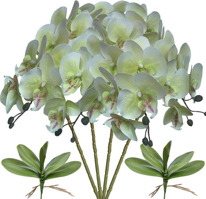 32 Inches Artificial Phalaenopsis Flowers 4 Pcs with 2 Bundles Leaves Artificial Orchid Flowers Stem Plants for Home Décor (White)