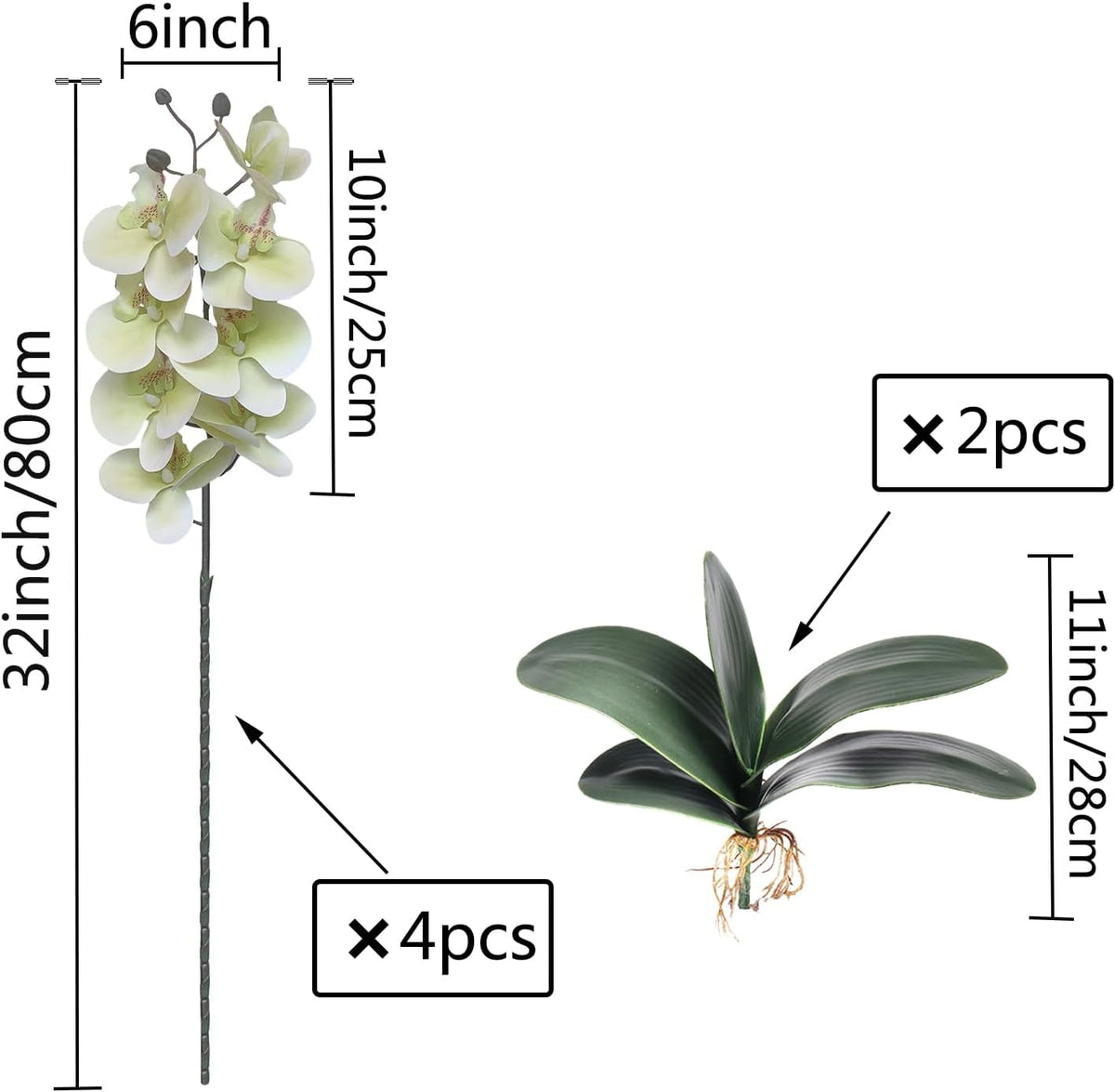 32 Inches Artificial Phalaenopsis Flowers 4 Pcs with 2 Bundles Leaves Artificial Orchid Flowers Stem Plants for Home Décor (White)