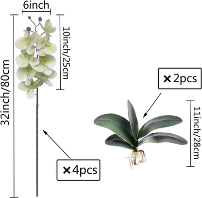 32 Inches Artificial Phalaenopsis Flowers 4 Pcs with 2 Bundles Leaves Artificial Orchid Flowers Stem Plants for Home Décor (White)