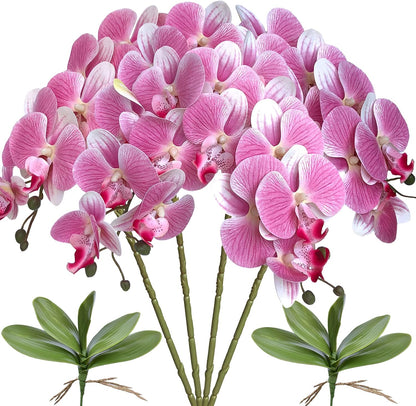32 Inches Artificial Phalaenopsis Flowers 4 Pcs with 2 Bundles Leaves Artificial Orchid Flowers Stem Plants for Home Décor (White)