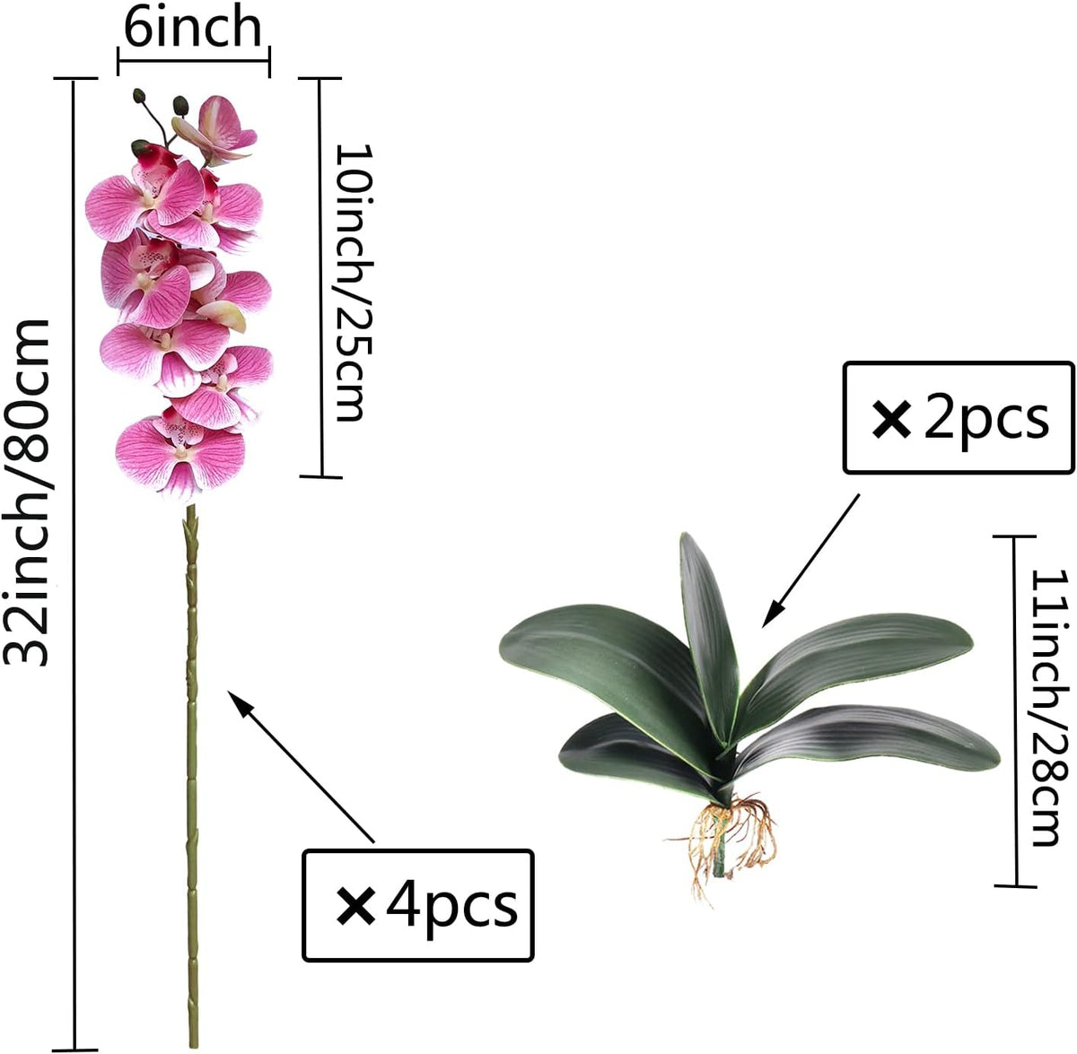 32 Inches Artificial Phalaenopsis Flowers 4 Pcs with 2 Bundles Leaves Artificial Orchid Flowers Stem Plants for Home Décor (White)