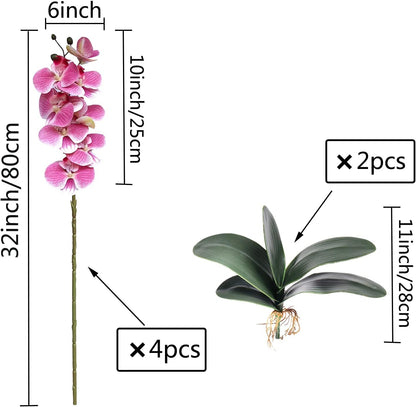 32 Inches Artificial Phalaenopsis Flowers 4 Pcs with 2 Bundles Leaves Artificial Orchid Flowers Stem Plants for Home Décor (White)