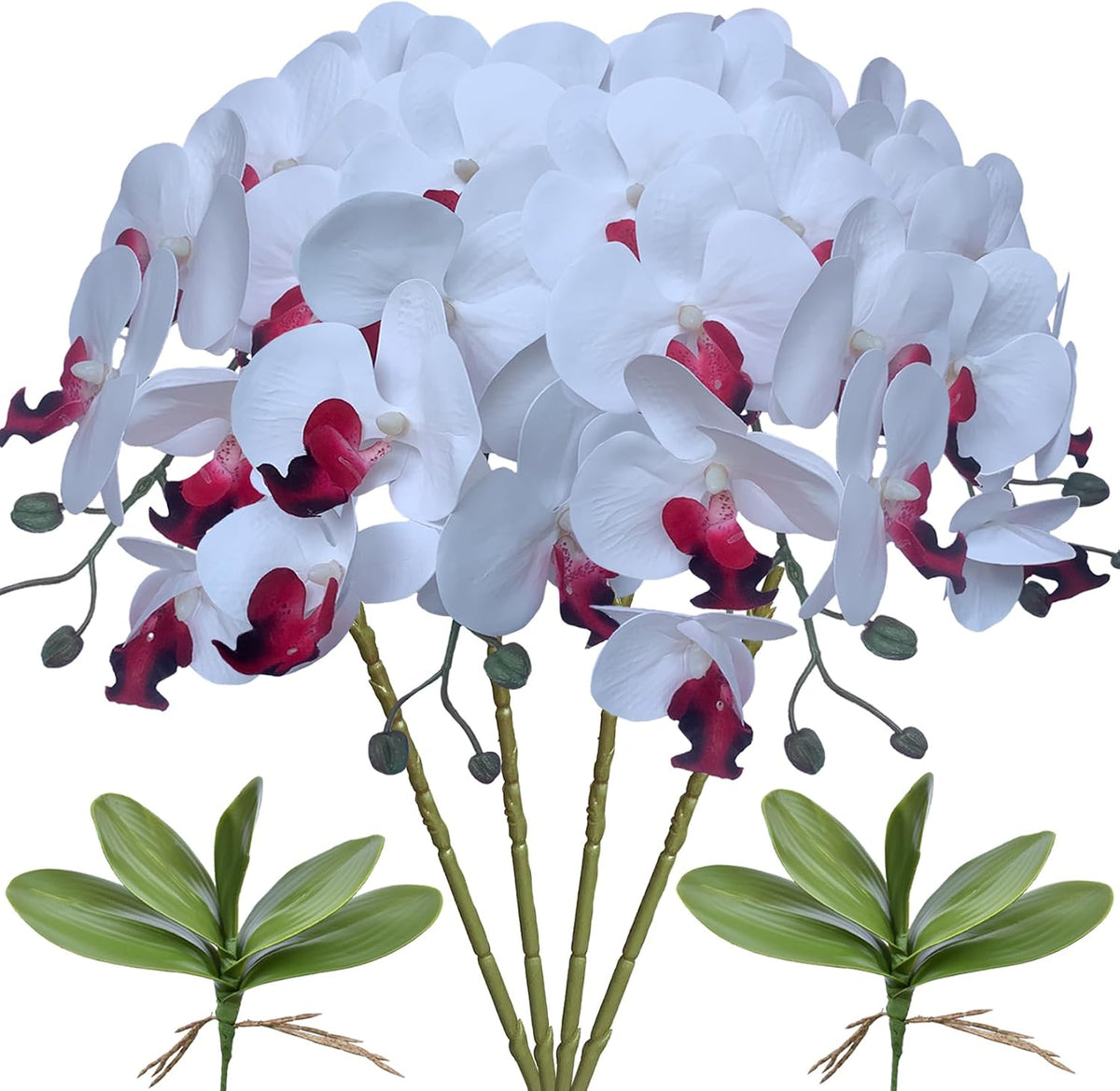 32 Inches Artificial Phalaenopsis Flowers 4 Pcs with 2 Bundles Leaves Artificial Orchid Flowers Stem Plants for Home Décor (White)