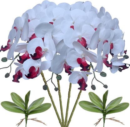 32 Inches Artificial Phalaenopsis Flowers 4 Pcs with 2 Bundles Leaves Artificial Orchid Flowers Stem Plants for Home Décor (White)