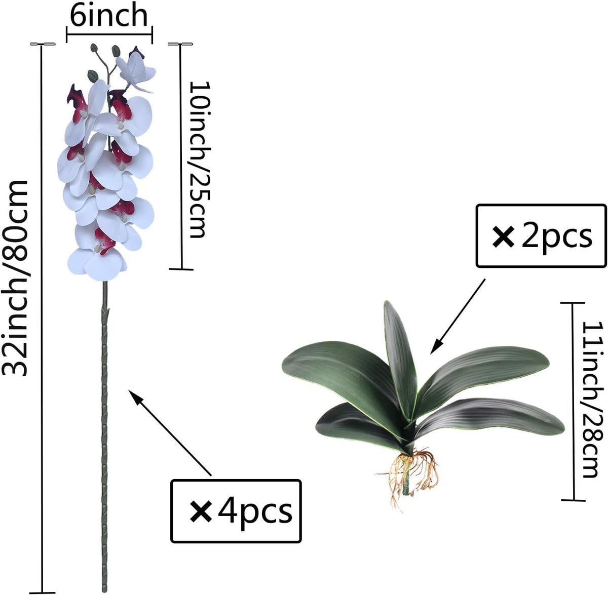 32 Inches Artificial Phalaenopsis Flowers 4 Pcs with 2 Bundles Leaves Artificial Orchid Flowers Stem Plants for Home Décor (White)