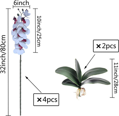 32 Inches Artificial Phalaenopsis Flowers 4 Pcs with 2 Bundles Leaves Artificial Orchid Flowers Stem Plants for Home Décor (White)