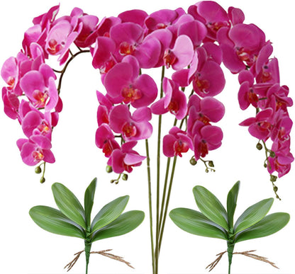 32 Inches Artificial Phalaenopsis Flowers 4 Pcs with 2 Bundles Leaves Artificial Orchid Flowers Stem Plants for Home Décor (White)