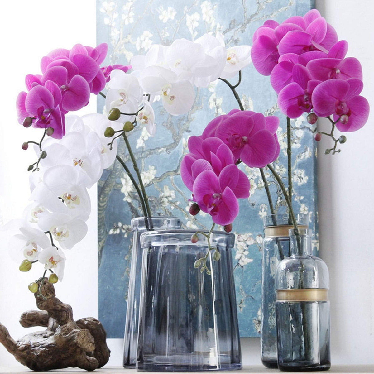 32 Inches Artificial Phalaenopsis Flowers 4 Pcs with 2 Bundles Leaves Artificial Orchid Flowers Stem Plants for Home Décor (White)