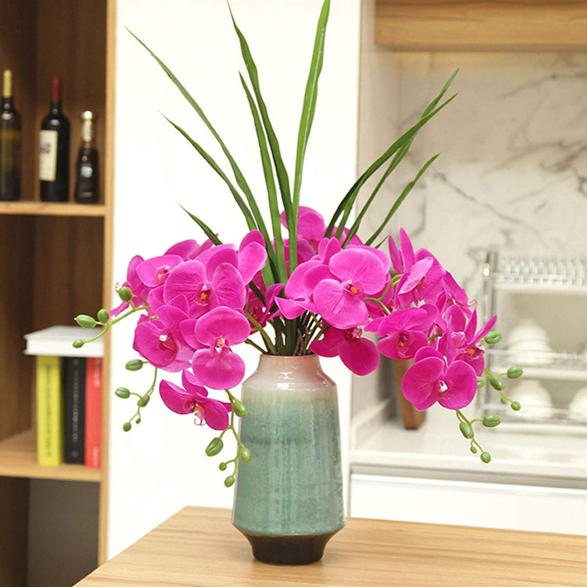32 Inches Artificial Phalaenopsis Flowers 4 Pcs with 2 Bundles Leaves Artificial Orchid Flowers Stem Plants for Home Décor (White)