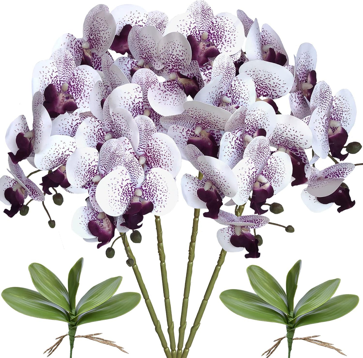 32 Inches Artificial Phalaenopsis Flowers 4 Pcs with 2 Bundles Leaves Artificial Orchid Flowers Stem Plants for Home Décor (White)