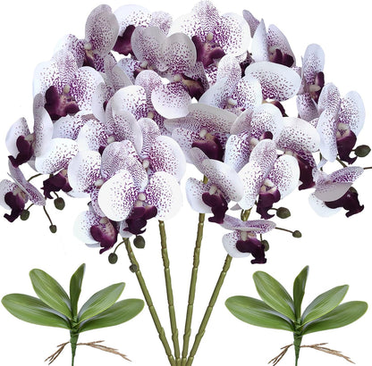 32 Inches Artificial Phalaenopsis Flowers 4 Pcs with 2 Bundles Leaves Artificial Orchid Flowers Stem Plants for Home Décor (White)
