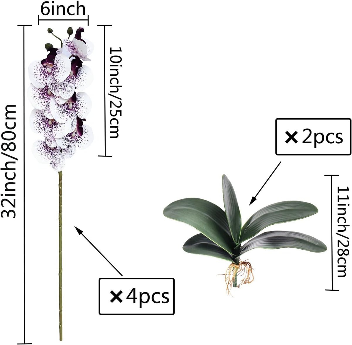 32 Inches Artificial Phalaenopsis Flowers 4 Pcs with 2 Bundles Leaves Artificial Orchid Flowers Stem Plants for Home Décor (White)