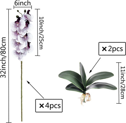 32 Inches Artificial Phalaenopsis Flowers 4 Pcs with 2 Bundles Leaves Artificial Orchid Flowers Stem Plants for Home Décor (White)