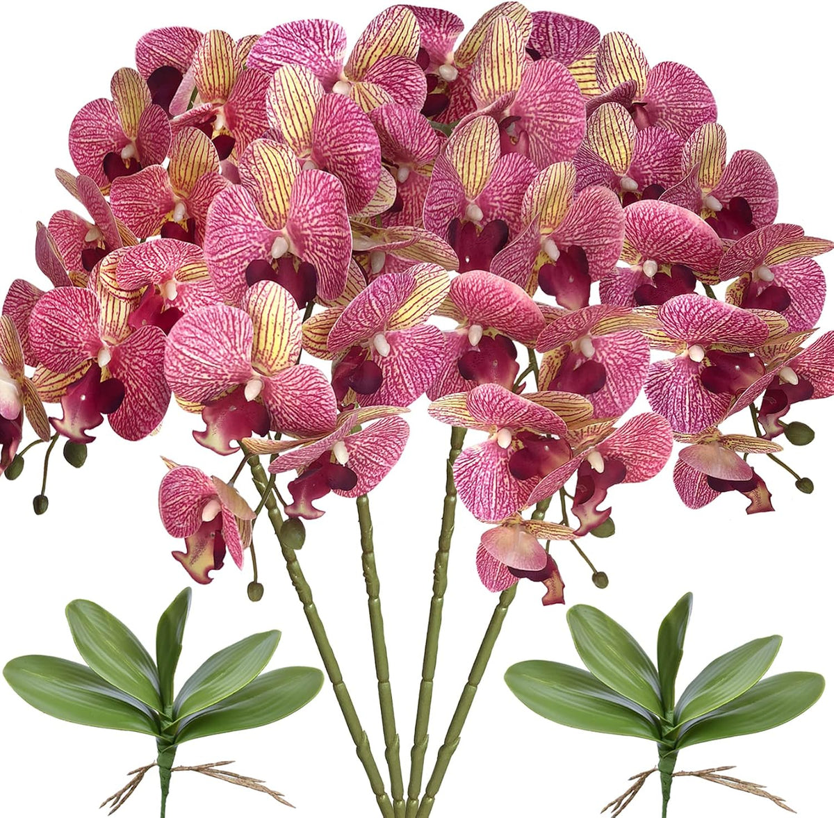 32 Inches Artificial Phalaenopsis Flowers 4 Pcs with 2 Bundles Leaves Artificial Orchid Flowers Stem Plants for Home Décor (White)
