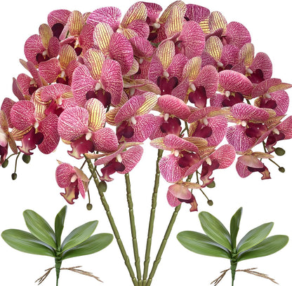 32 Inches Artificial Phalaenopsis Flowers 4 Pcs with 2 Bundles Leaves Artificial Orchid Flowers Stem Plants for Home Décor (White)