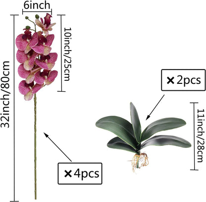 32 Inches Artificial Phalaenopsis Flowers 4 Pcs with 2 Bundles Leaves Artificial Orchid Flowers Stem Plants for Home Décor (White)