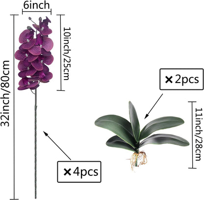 32 Inches Artificial Phalaenopsis Flowers 4 Pcs with 2 Bundles Leaves Artificial Orchid Flowers Stem Plants for Home Décor (White)