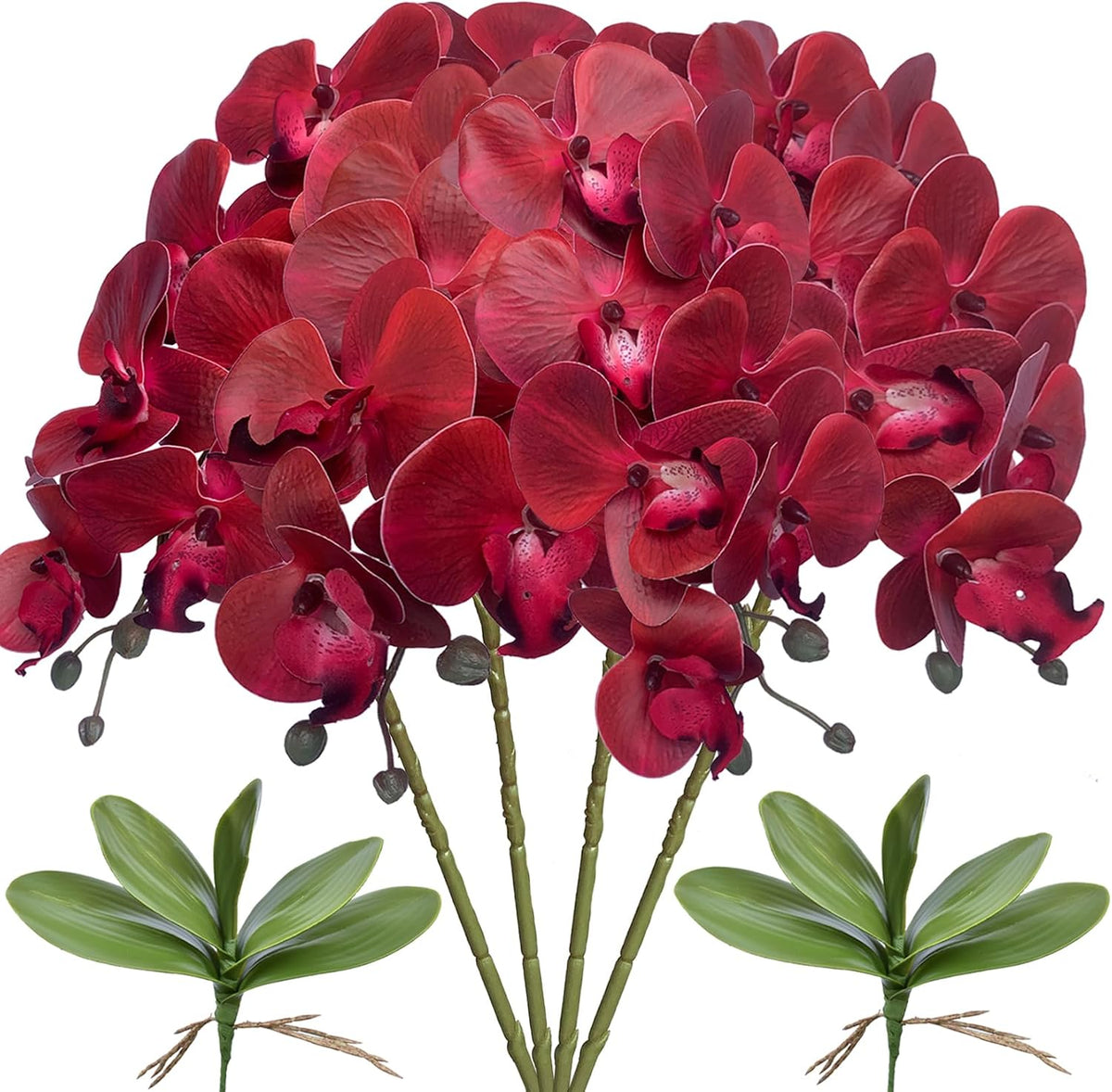 32 Inches Artificial Phalaenopsis Flowers 4 Pcs with 2 Bundles Leaves Artificial Orchid Flowers Stem Plants for Home Décor (White)