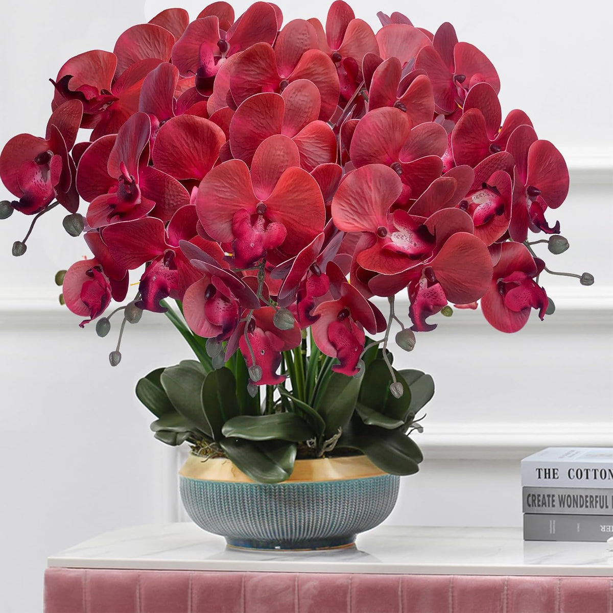 32 Inches Artificial Phalaenopsis Flowers 4 Pcs with 2 Bundles Leaves Artificial Orchid Flowers Stem Plants for Home Décor (White)