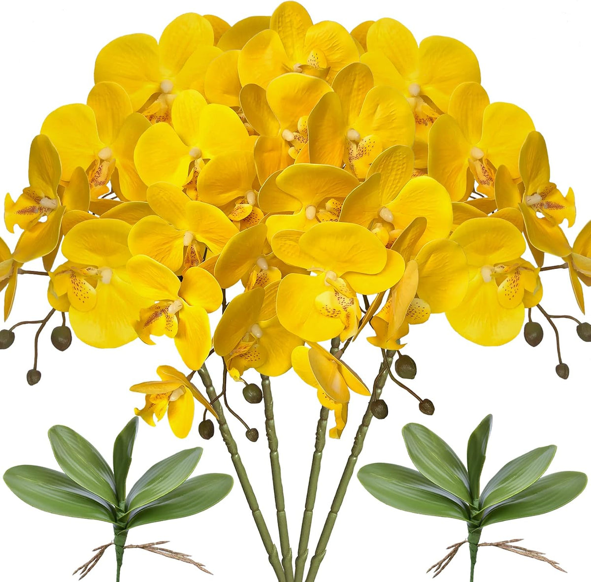 32 Inches Artificial Phalaenopsis Flowers 4 Pcs with 2 Bundles Leaves Artificial Orchid Flowers Stem Plants for Home Décor (White)