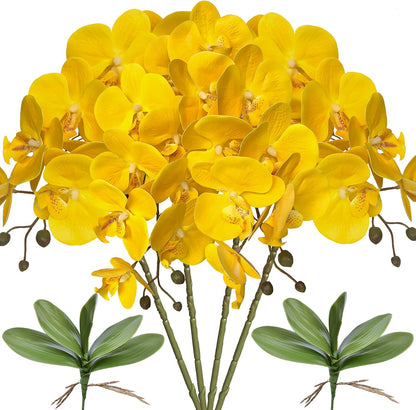 32 Inches Artificial Phalaenopsis Flowers 4 Pcs with 2 Bundles Leaves Artificial Orchid Flowers Stem Plants for Home Décor (White)