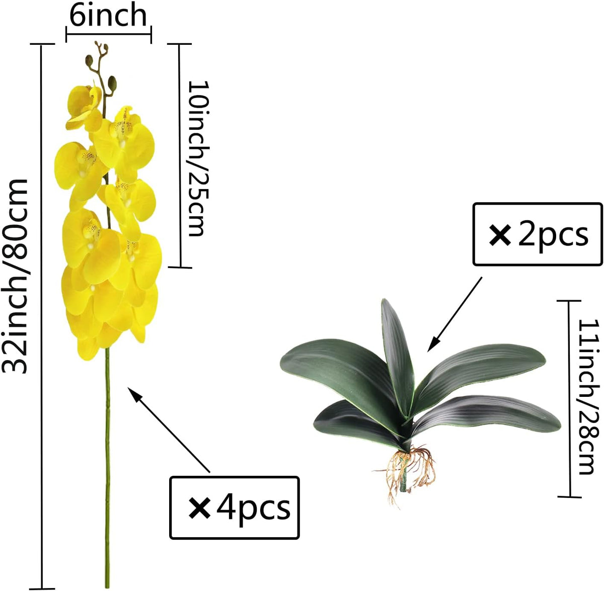 32 Inches Artificial Phalaenopsis Flowers 4 Pcs with 2 Bundles Leaves Artificial Orchid Flowers Stem Plants for Home Décor (White)