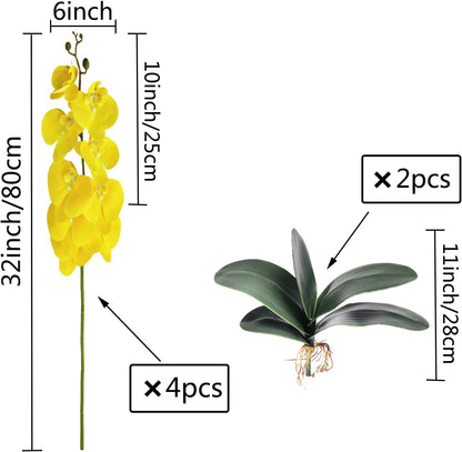 32 Inches Artificial Phalaenopsis Flowers 4 Pcs with 2 Bundles Leaves Artificial Orchid Flowers Stem Plants for Home Décor (White)