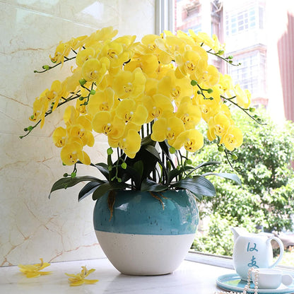 32 Inches Artificial Phalaenopsis Flowers 4 Pcs with 2 Bundles Leaves Artificial Orchid Flowers Stem Plants for Home Décor (White)