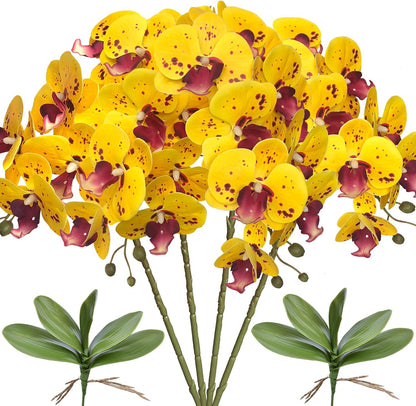 32 Inches Artificial Phalaenopsis Flowers 4 Pcs with 2 Bundles Leaves Artificial Orchid Flowers Stem Plants for Home Décor (White)