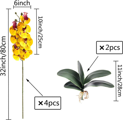 32 Inches Artificial Phalaenopsis Flowers 4 Pcs with 2 Bundles Leaves Artificial Orchid Flowers Stem Plants for Home Décor (White)