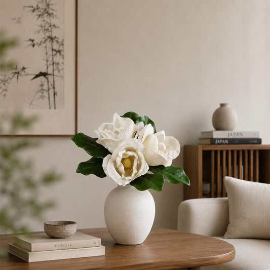 3 Stems Faux Magnolia Flowers, Magnolia Fake Flowers, Real Touch Creamy White Southern Magnolia Stems Artificial Realistic, Faux Florals for Vase