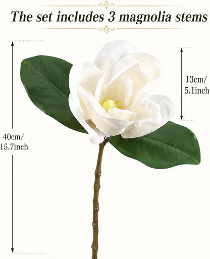3 Stems Faux Magnolia Flowers, Magnolia Fake Flowers, Real Touch Creamy White Southern Magnolia Stems Artificial Realistic, Faux Florals for Vase