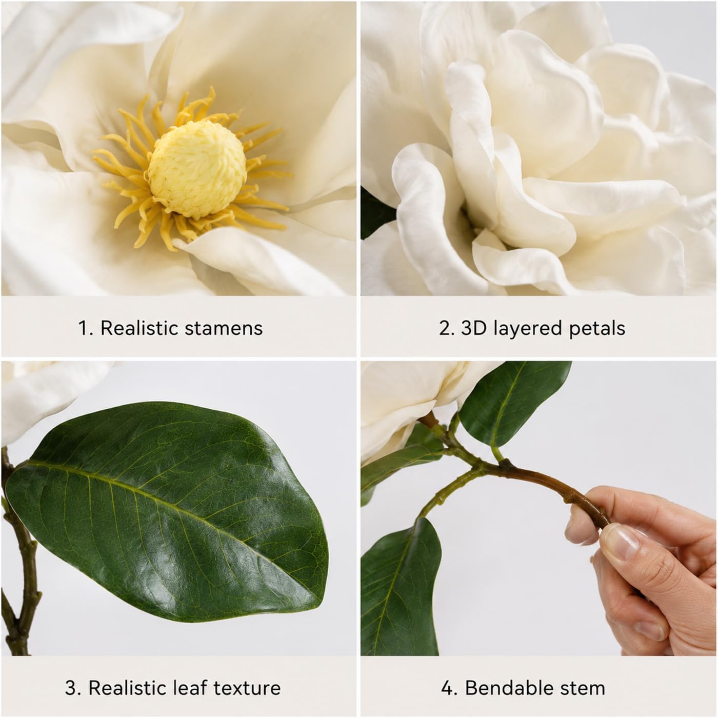 3 Stems Faux Magnolia Flowers, Magnolia Fake Flowers, Real Touch Creamy White Southern Magnolia Stems Artificial Realistic, Faux Florals for Vase